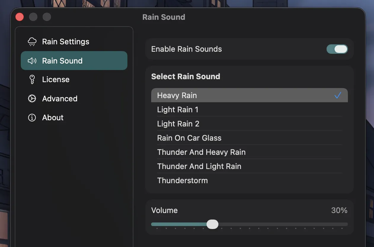 Rain Sound Settings